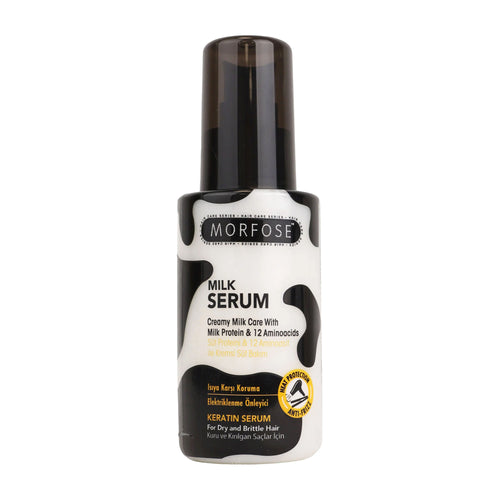 Morfose Milk Serum keratin hair serum bottle on a white background