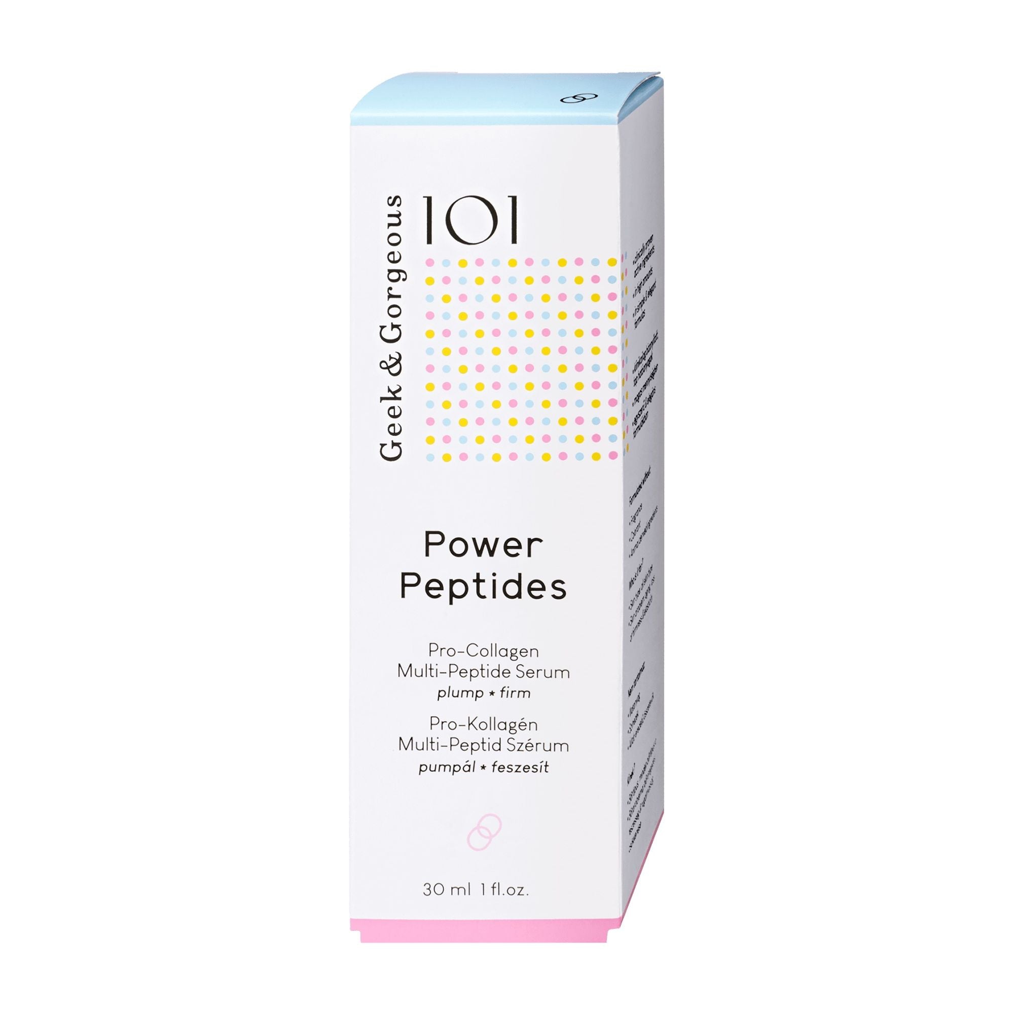 A box of Geek & Gorgeous Power Peptides pro-collagen multi-peptide serum, 30 mL.