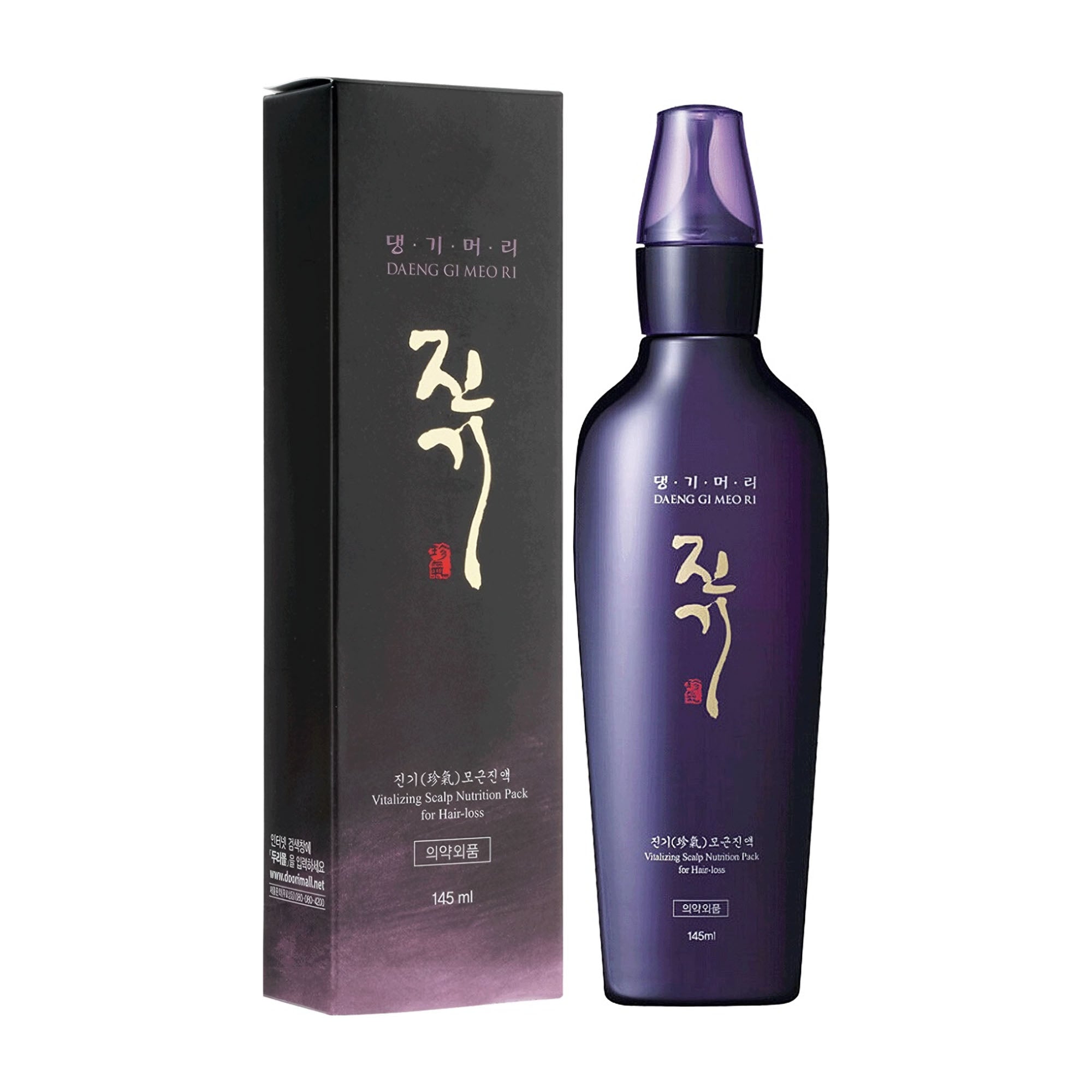Purple bottle and packaging of Daeng Gi Meo Ri Vitalizing Nutrition Pack for Hair-loss with gold text on a white background