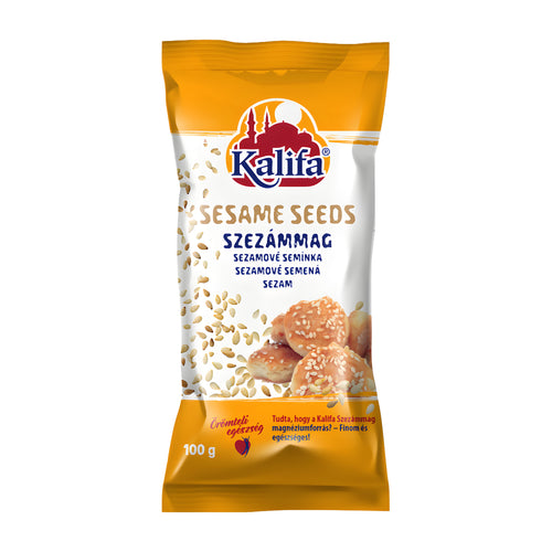 Packaging of Kalifa sesame seeds on a white background