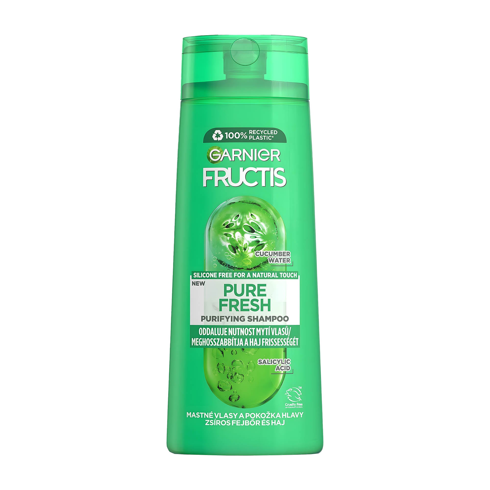 Garnier Fructis Pure Fresh shampoo bottle on a white background