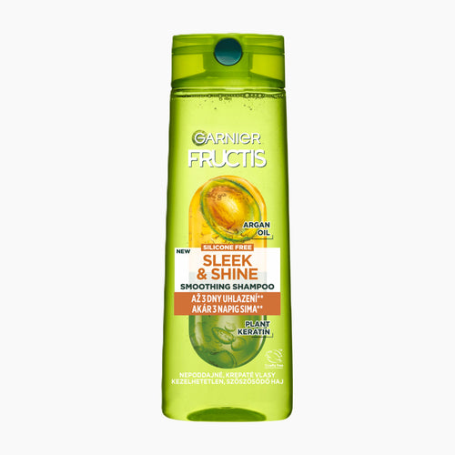 Garnier Fructis Sleek & Shine Smoothing Shampoo bottle on a light gray background.
