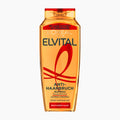 A bottle of L'Oréal Paris Elvital Anti-Breakage shampoo, featuring a translucent amber-orange bottle with a red cap and red and black branding on a white background.