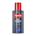 Bottle of Alpecin Anti-Dandruff Shampoo A3 with a red cap, primarily blue and red packaging.