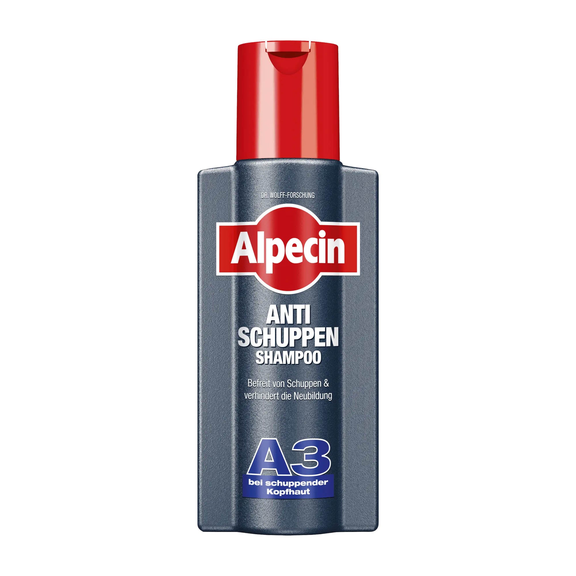 Bottle of Alpecin Anti-Dandruff Shampoo A3 with a red cap, primarily blue and red packaging.