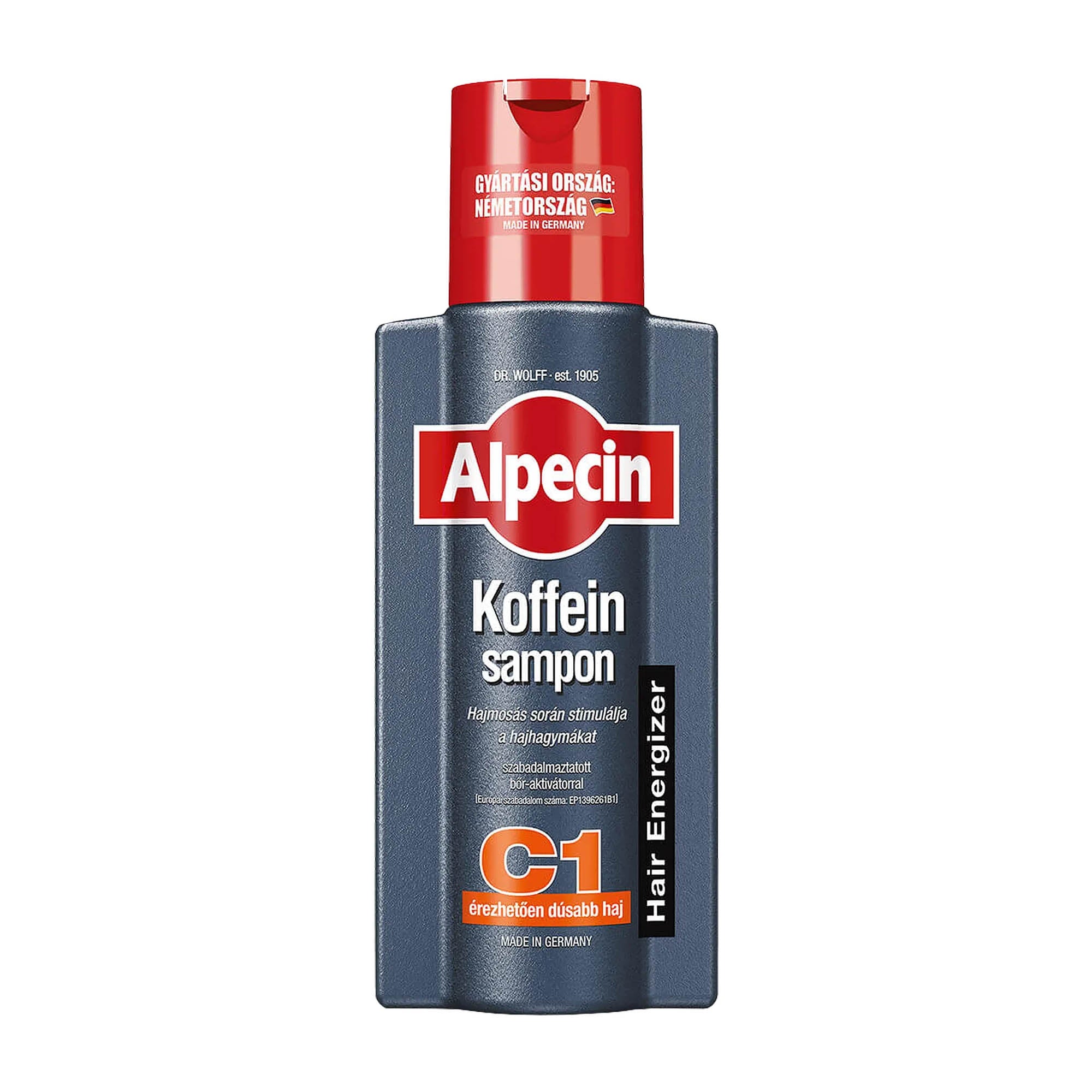 A bottle of Alpecin Caffeine C1 shampoo, with red and white branding, 250 mL.