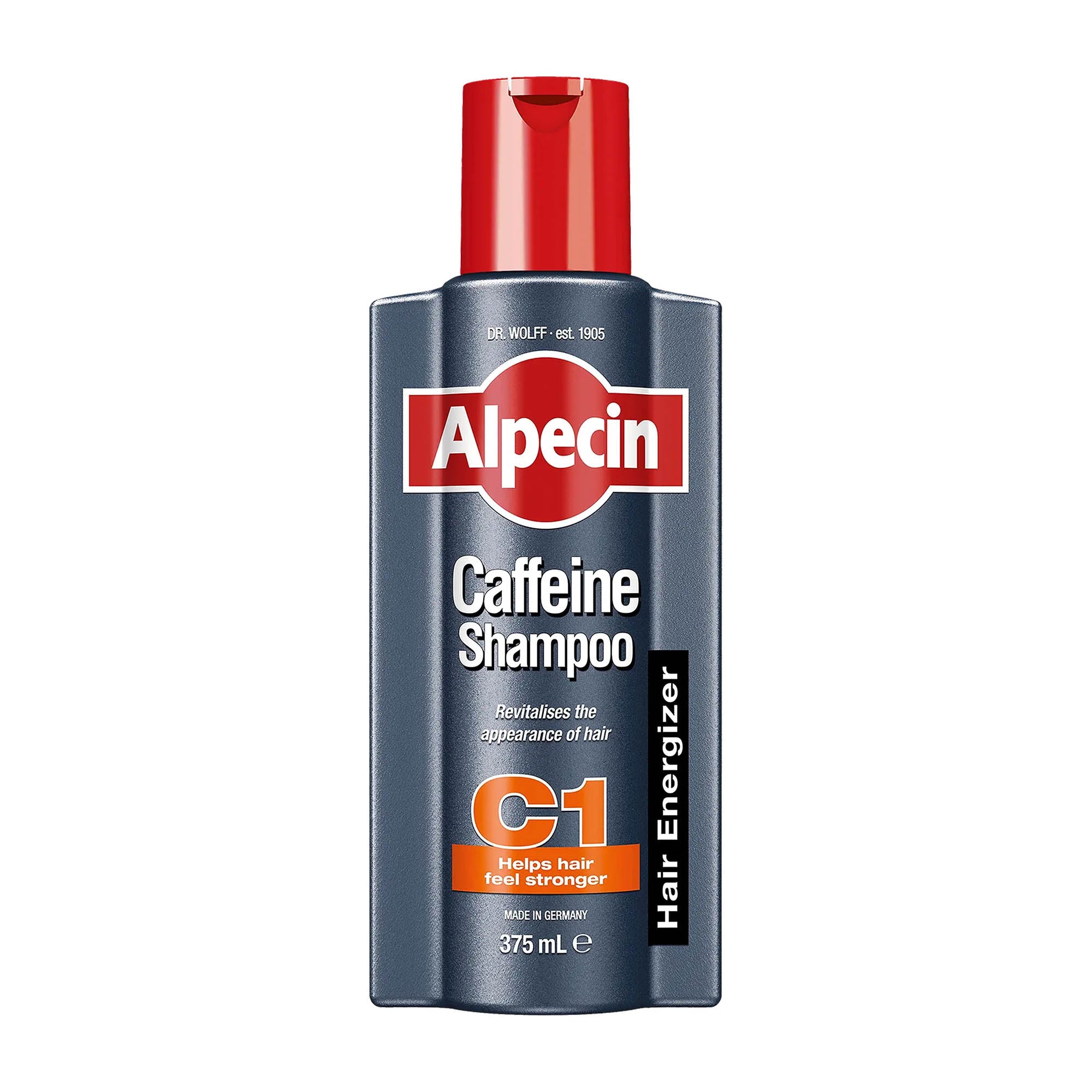 A bottle of Alpecin Caffeine Shampoo C1 with a red cap on a white background.