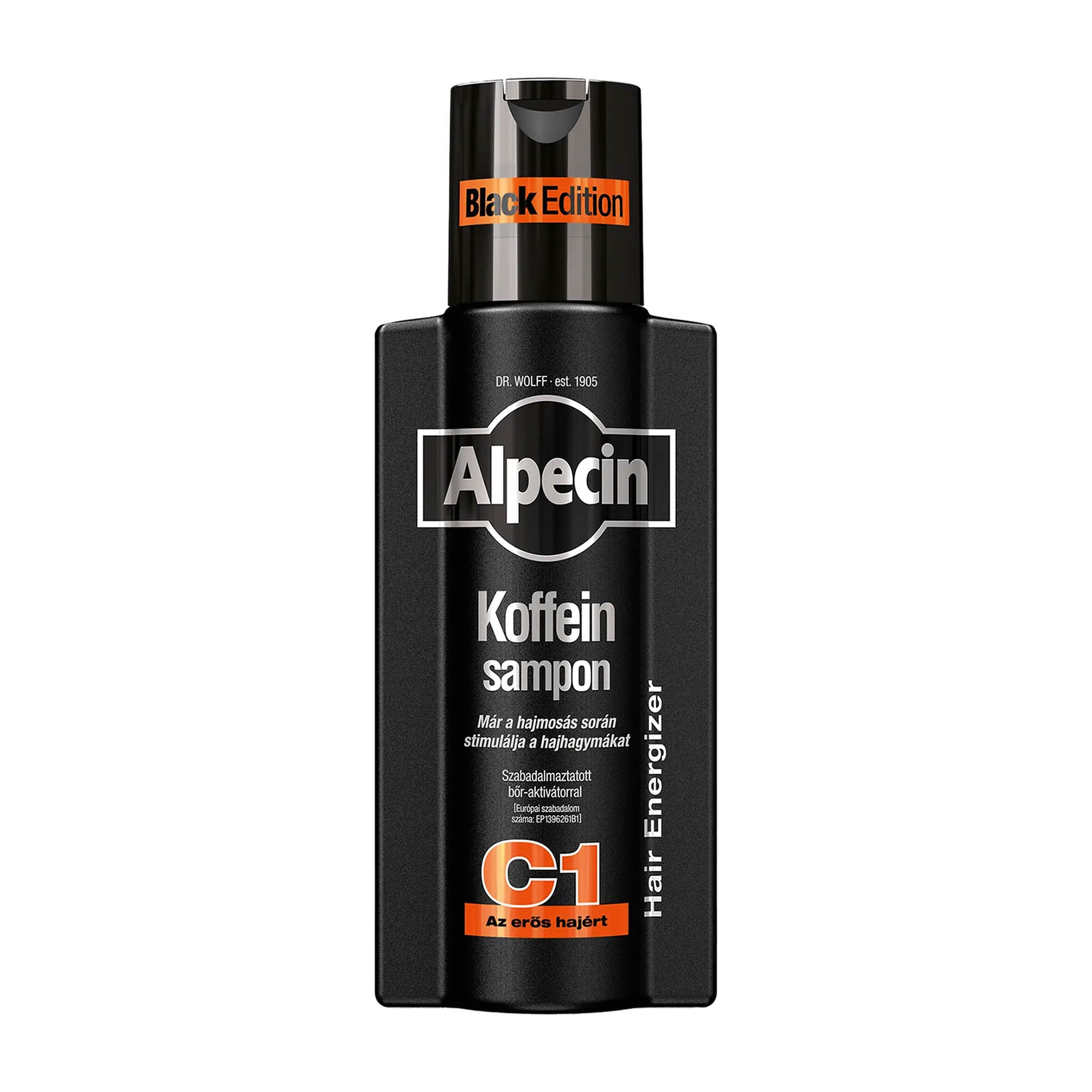 A bottle of Alpecin Caffeine C1 Black Edition shampoo, with a predominantly black label and orange accents.