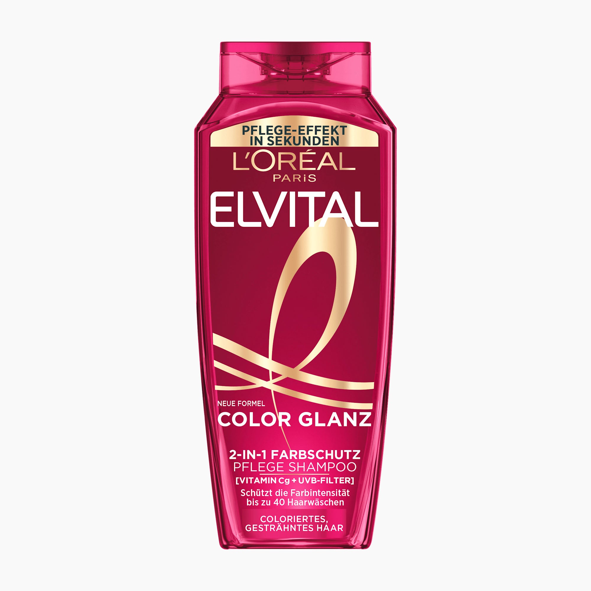 A bottle of L'Oréal Paris Elvital Color Shine 2-in-1 Color Protection Shampoo in a translucent magenta pink bottle with gold and white lettering, set against a plain white background.