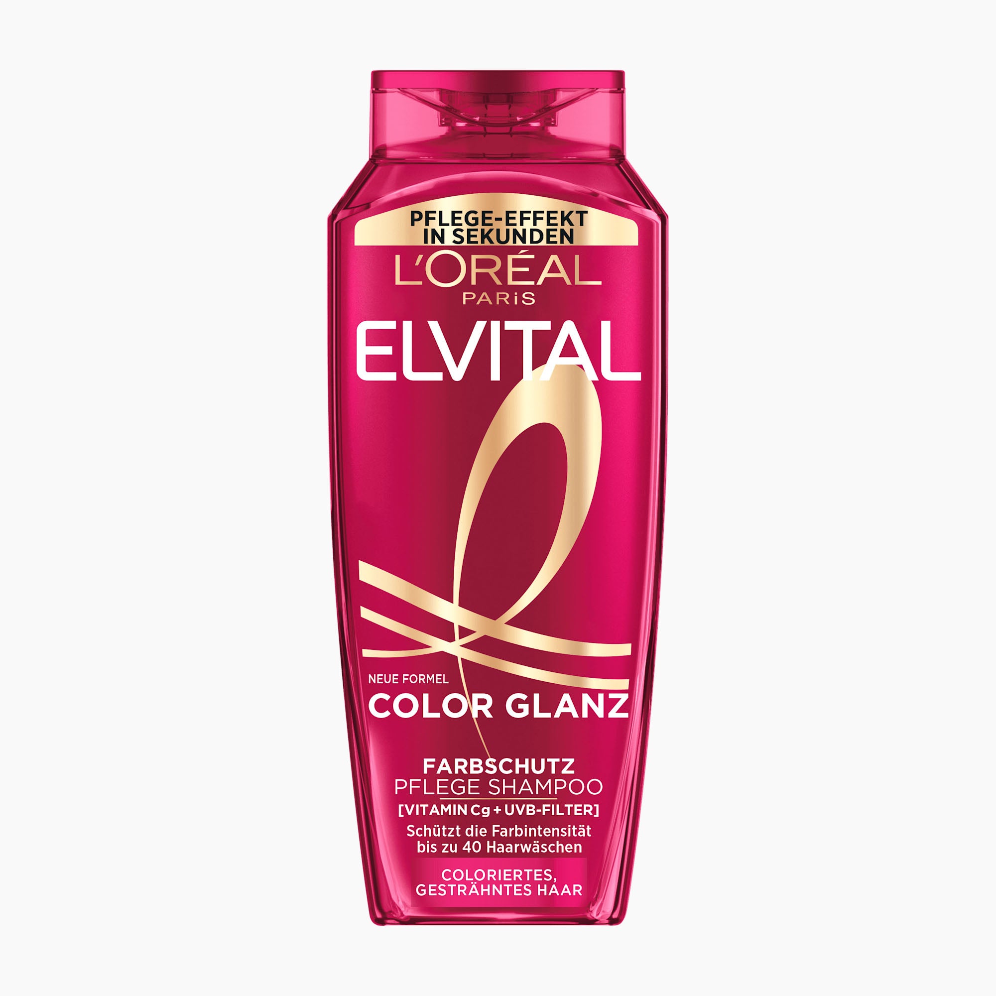 A bottle of L'Oréal Paris Elvital Color Shine hair care shampoo in a vibrant magenta pink color, shown against a plain white background.