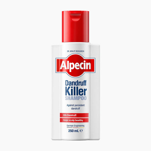 A 250 mL bottle of Alpecin Dandruff Killer Shampoo on a clean white background. The bottle is white with a red cap and features the Alpecin brand logo in red and white, with blue text for 'Dandruff Killer'.