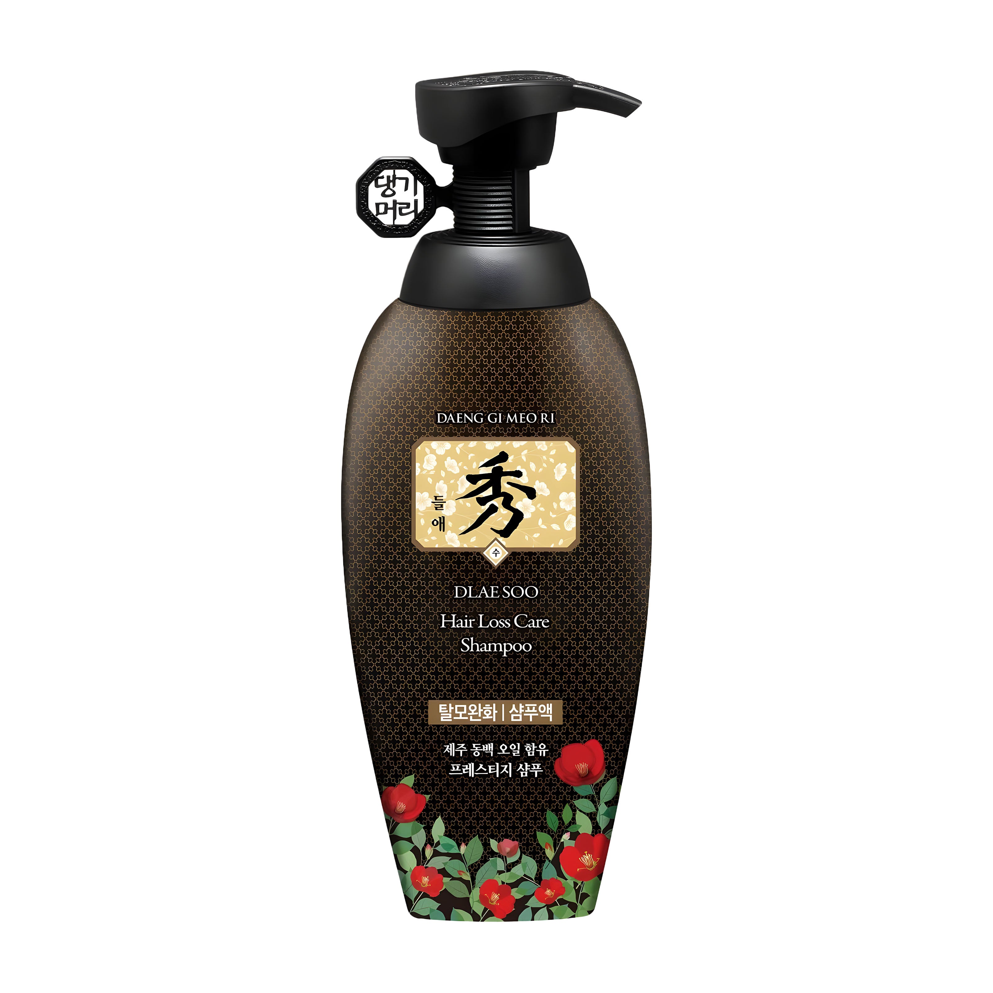 Daeng Gi Meo Ri Dlae Soo Hair Loss Care shampoo bottle with black pump and decorative label on a white background