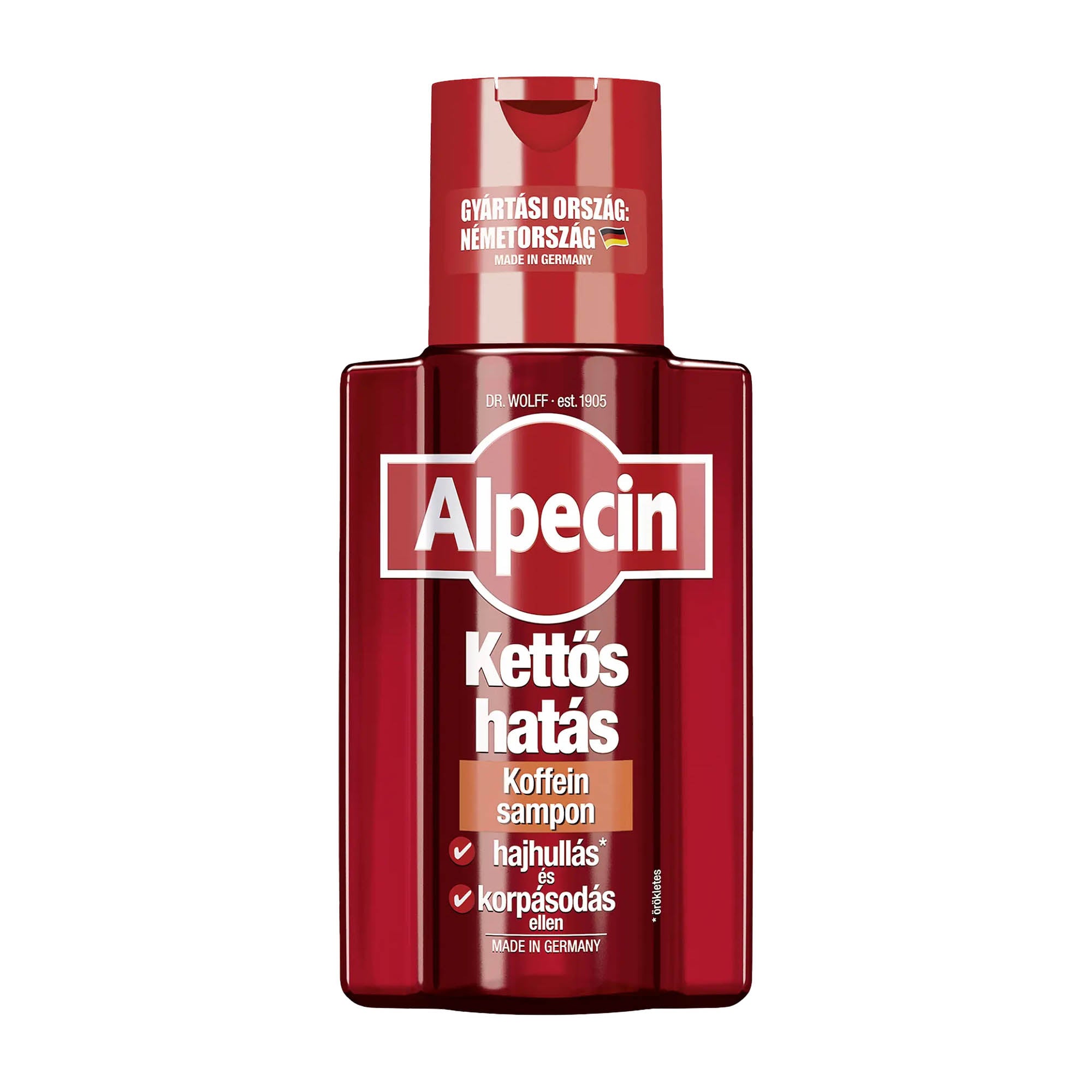 Bottle of Alpecin Double Effect Caffeine shampoo with a red label and a clear display of the product name and features.