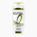 A bottle of L'Oréal Paris Elvital Energie shampoo on a light gray background. The bottle is clear plastic, showing the white liquid inside, with a white label featuring green and black text and graphics, and a green cap.