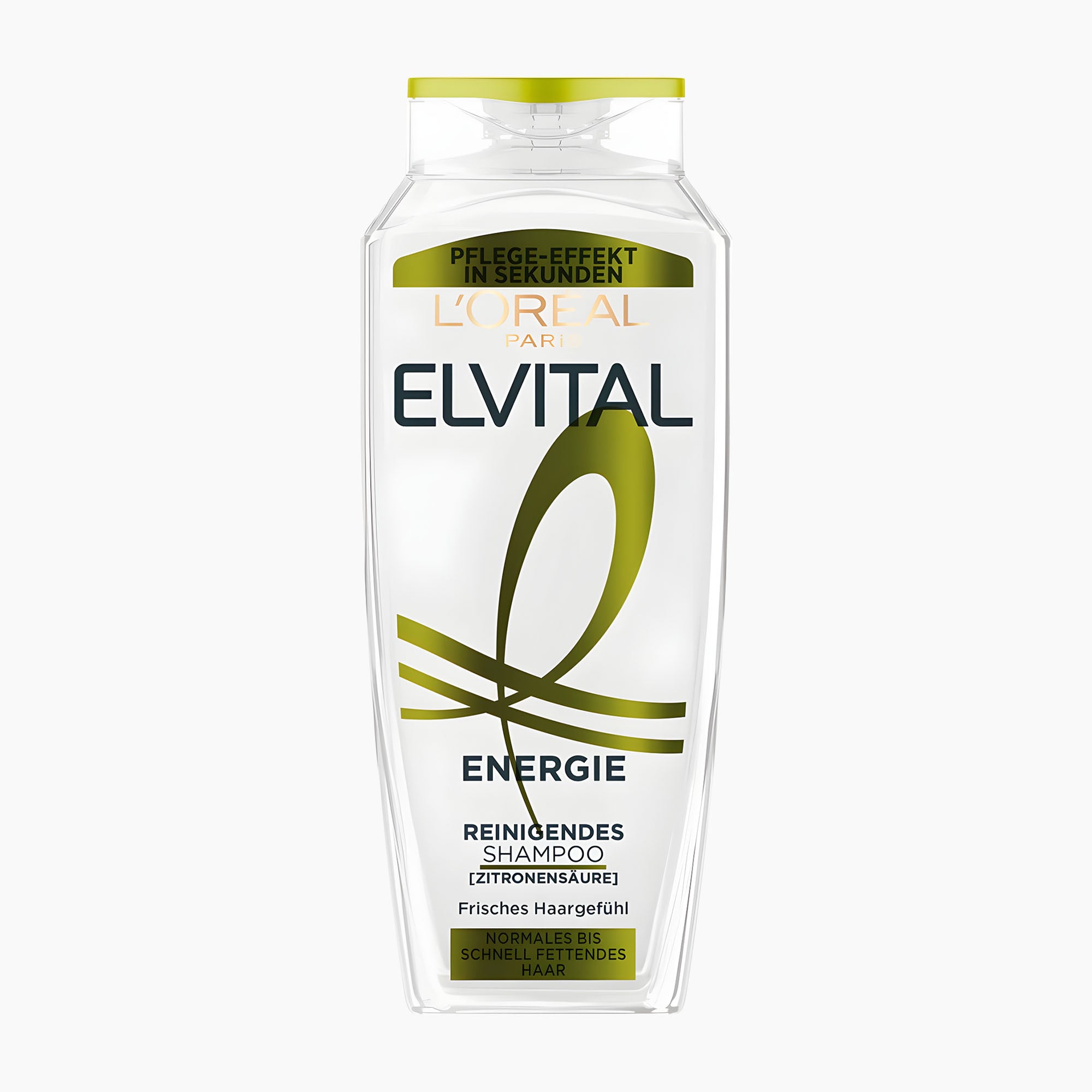 A bottle of L'Oréal Paris Elvital Energie shampoo on a light gray background. The bottle is clear plastic, showing the white liquid inside, with a white label featuring green and black text and graphics, and a green cap.