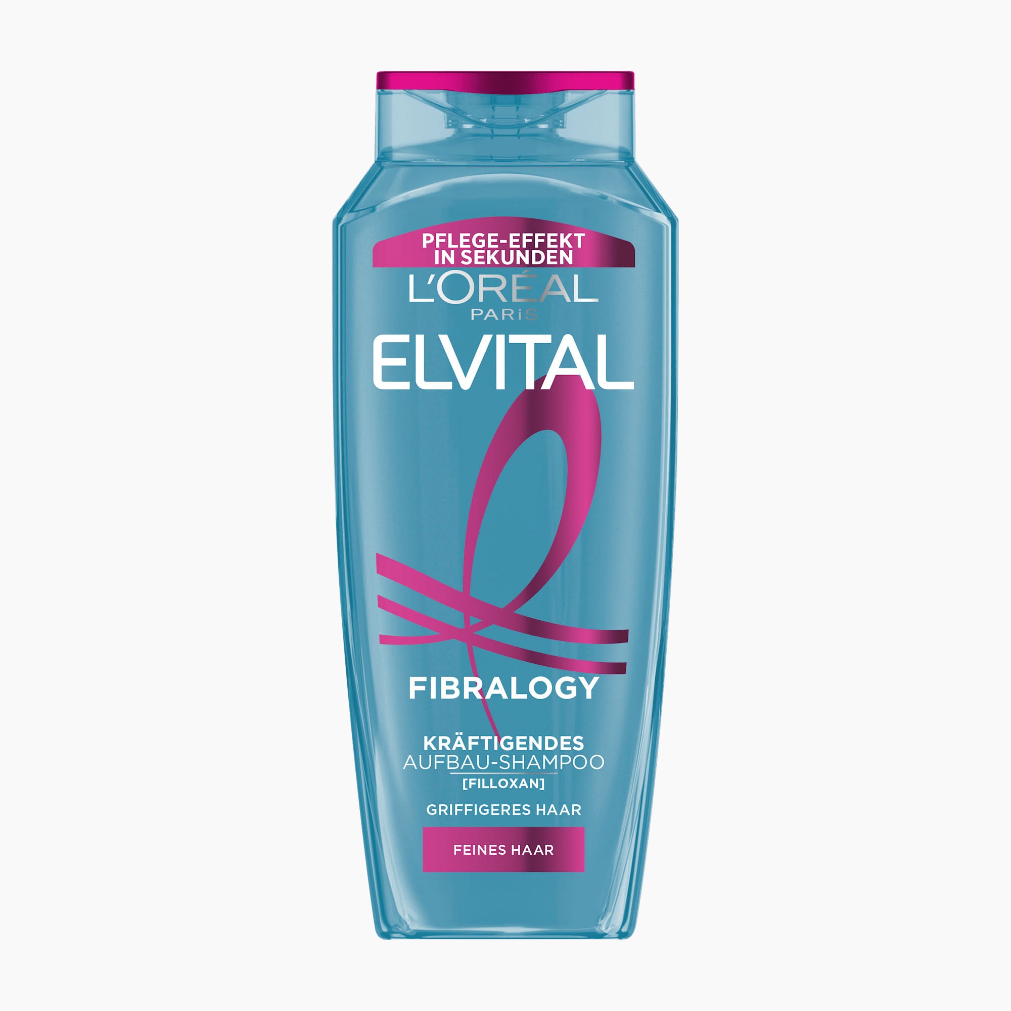 A bottle of L'Oréal Paris Elvital Fibralogy shampoo in a translucent light blue bottle with a magenta cap and magenta graphic accents, shown on a plain white background.