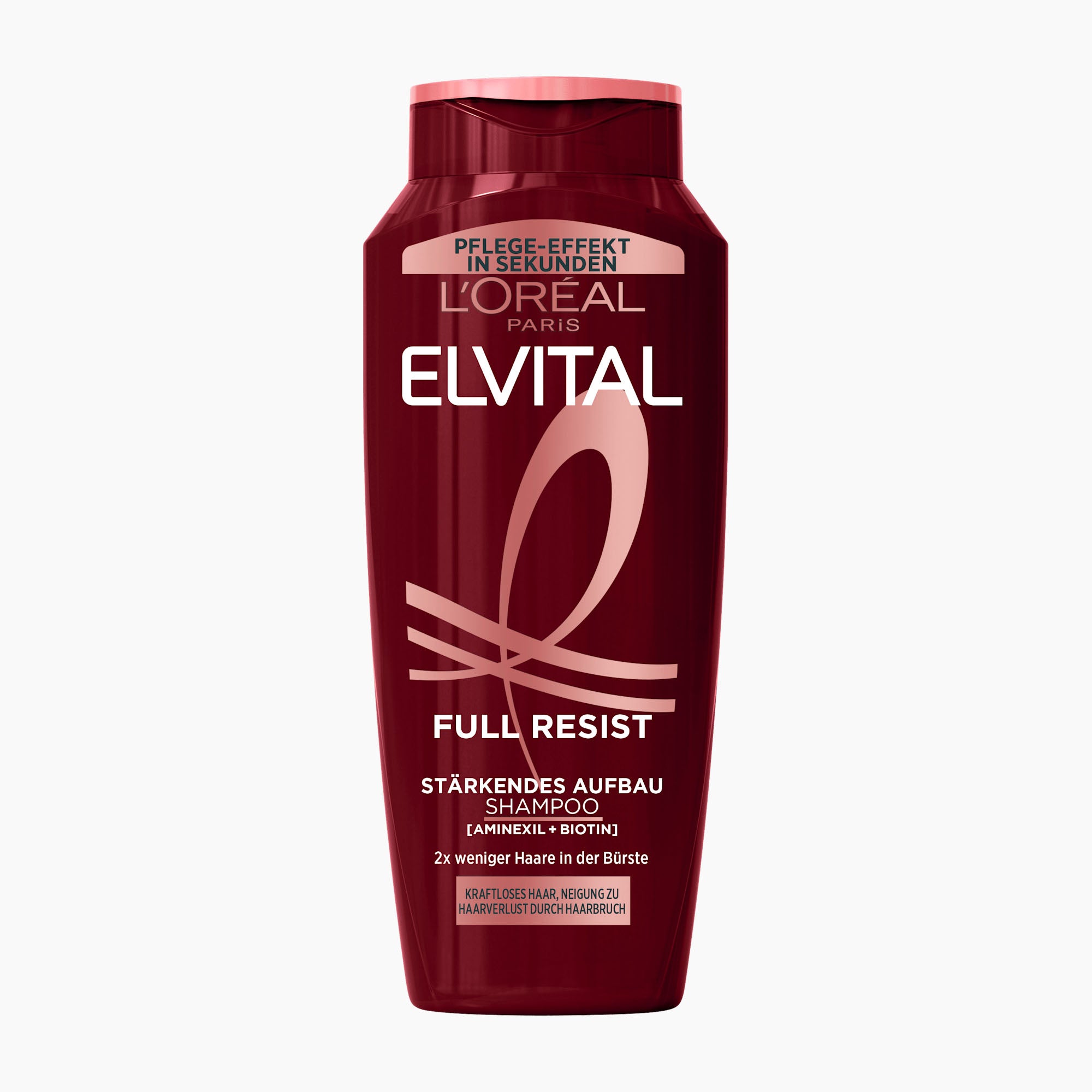 A bottle of L'Oréal Paris Elvital Full Resist shampoo in a deep burgundy color with a pink cap, shown on a clean white background.