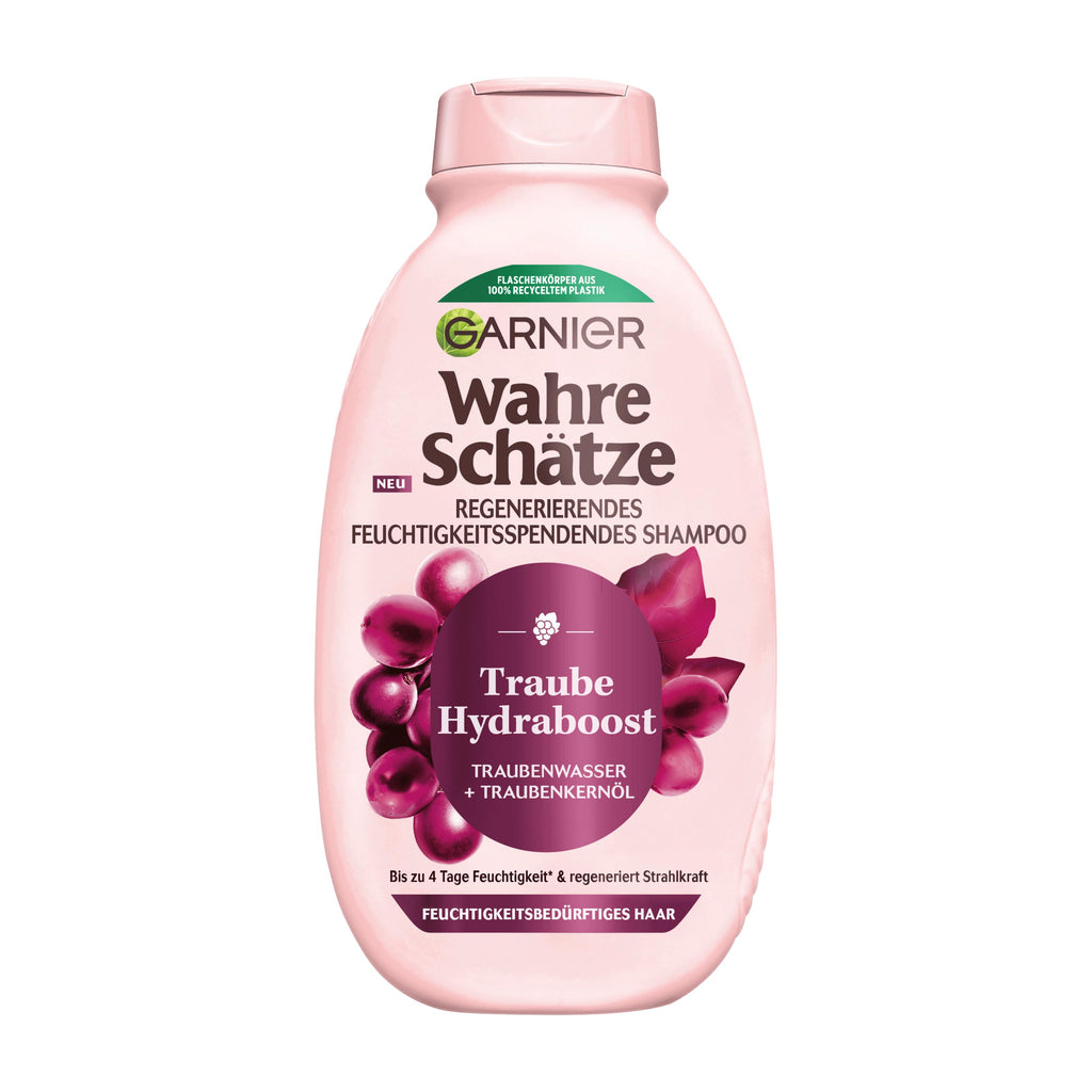 Garnier Wahre Schatze Grape Hydraboost shampoo bottle with pink cap and purple label on a white background