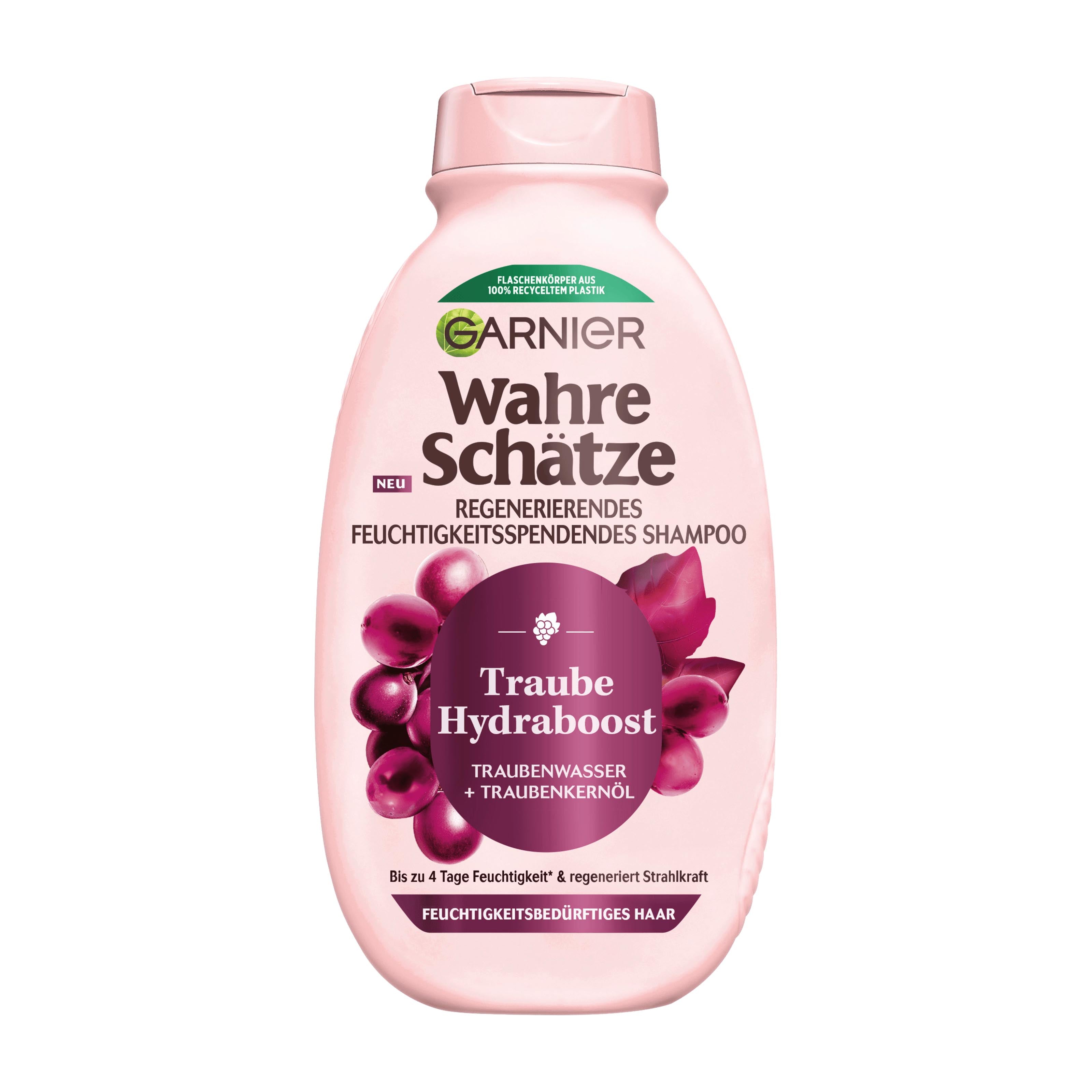 Garnier Wahre Schatze Grape Hydraboost shampoo bottle with pink cap and purple label on a white background