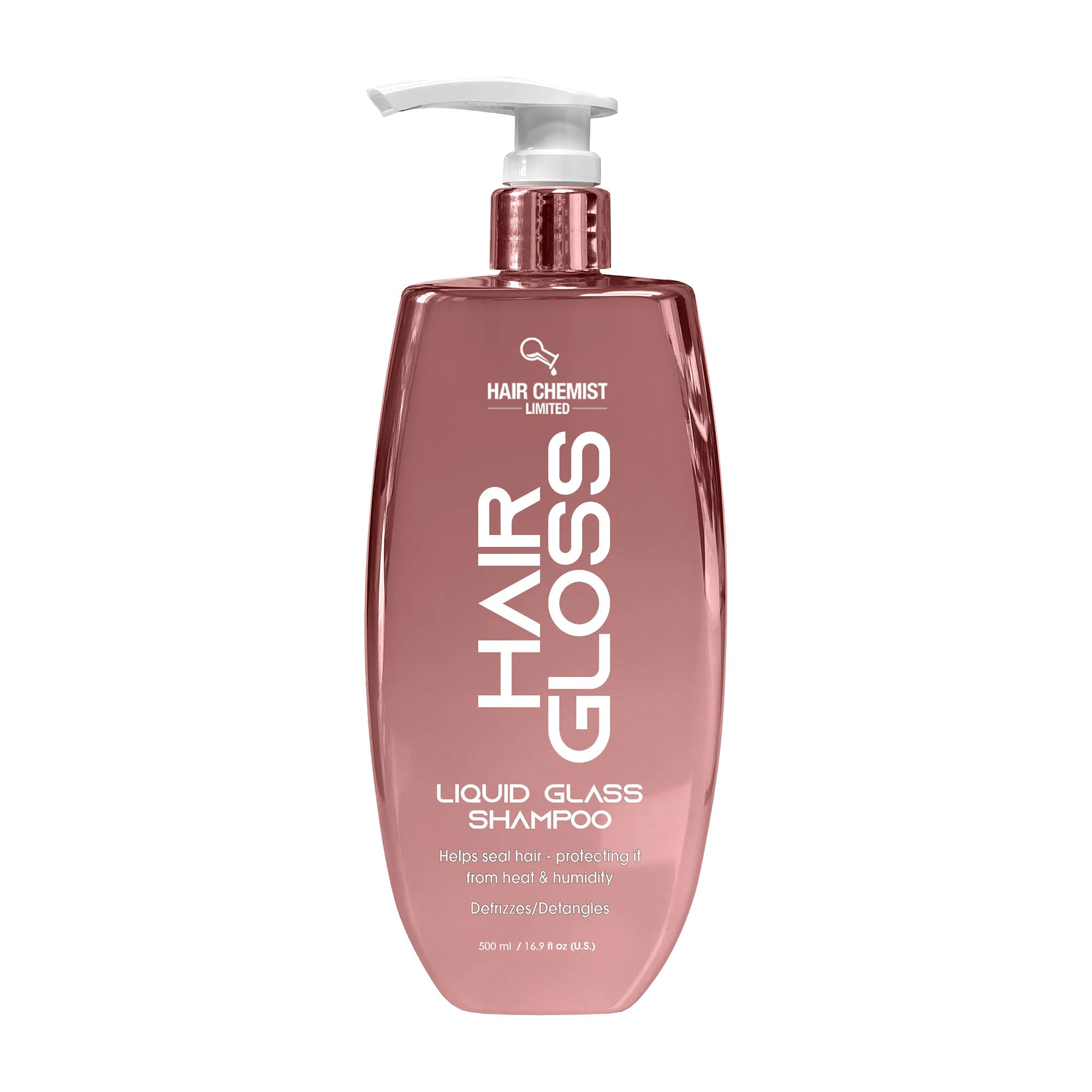 Hair Chemist Hair Gloss liquid glass shampoo bottle on a white background