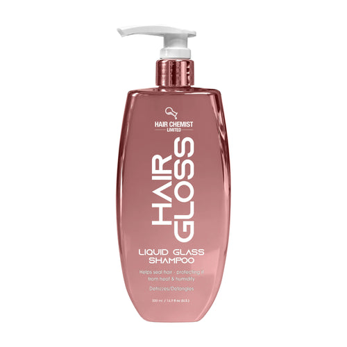 Hair Chemist Hair Gloss liquid glass shampoo bottle on a white background