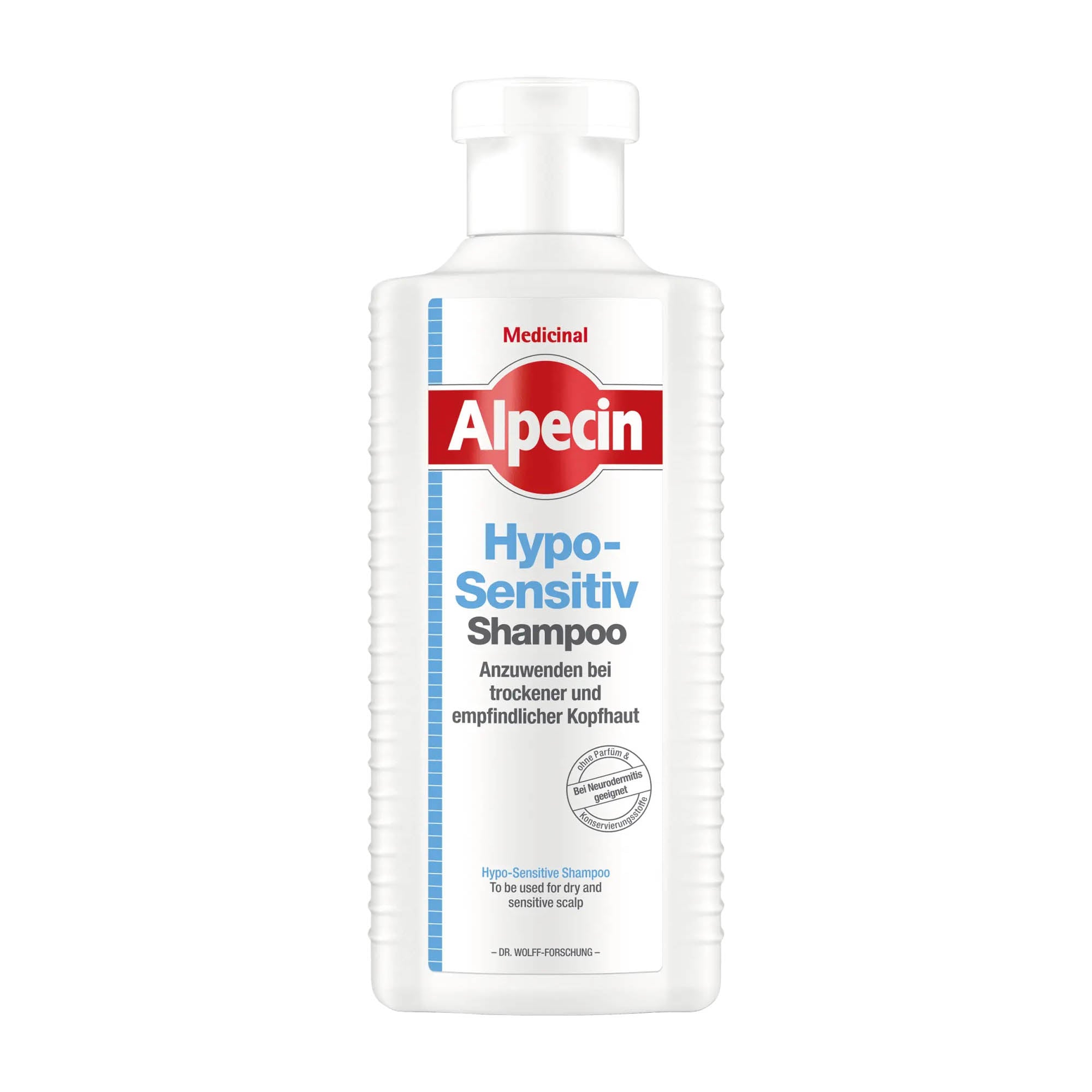 A bottle of Alpecin Hypo-Sensitive Shampoo, 250 mL with white and red labeling.