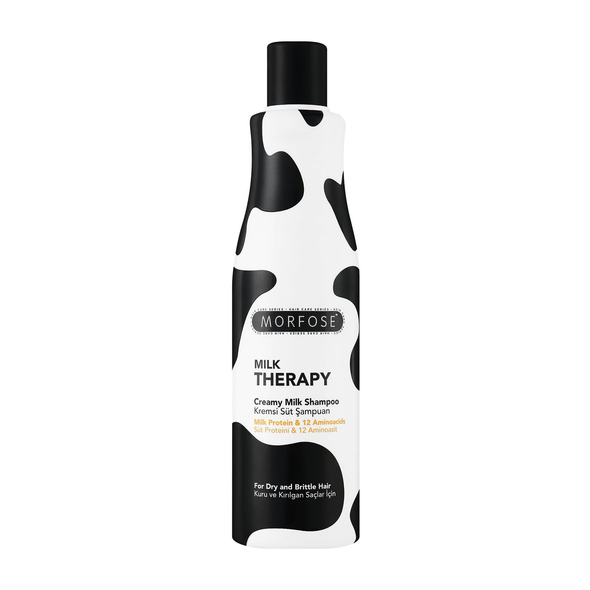 Morfose Milk Therapy shampoo bottle with black and white design on a white background