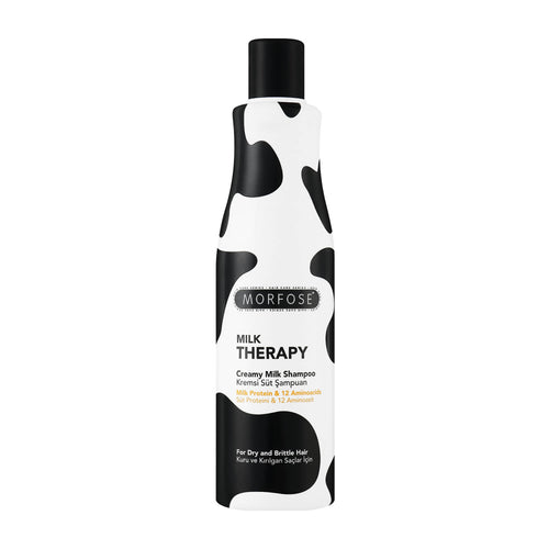 Morfose Milk Therapy shampoo bottle with black and white design on a white background