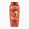 A bottle of L'Oréal Paris Elvital Oil Magic Jojoba Intensive Shampoo in a translucent reddish-brown bottle with gold and black text, centered on a light gray background.