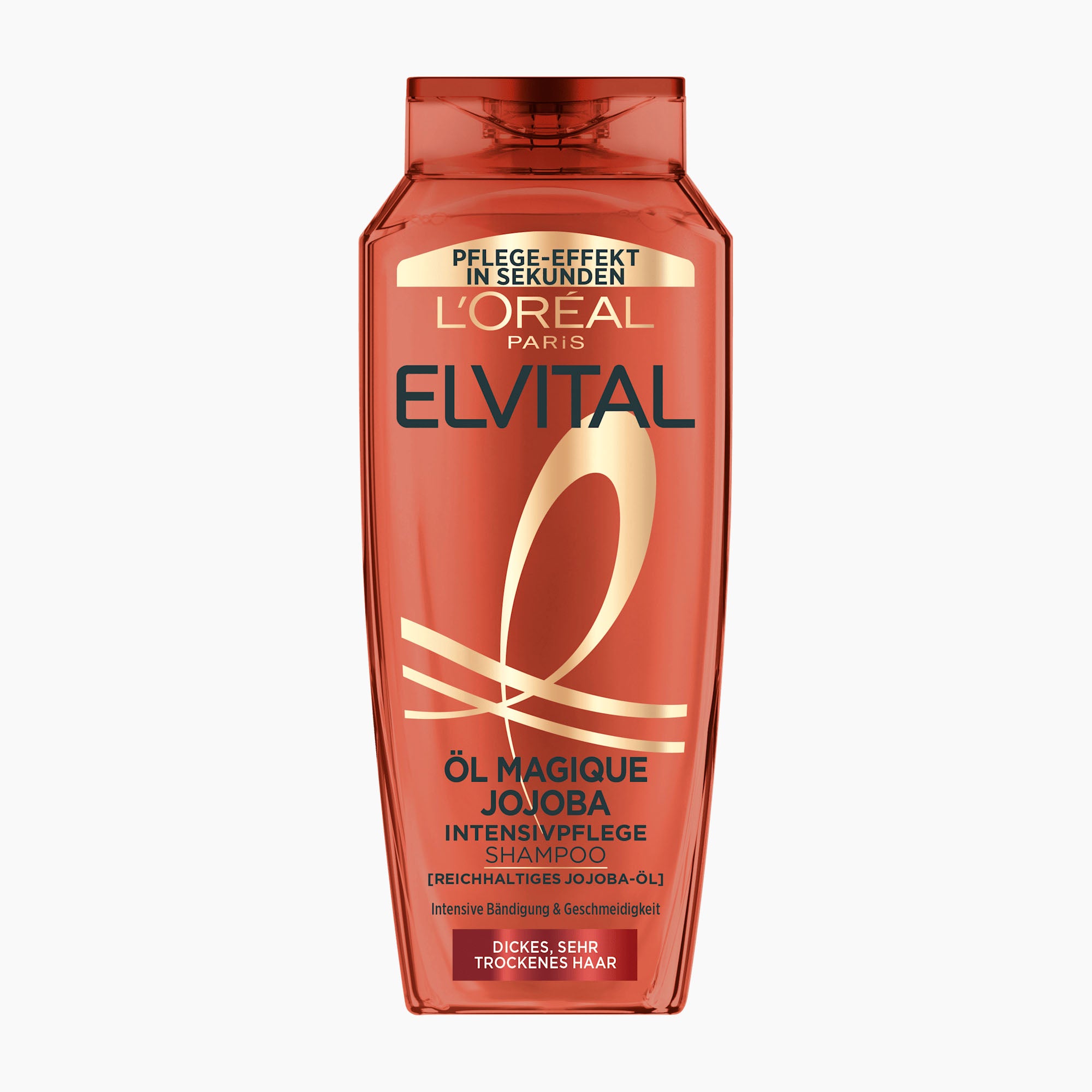 A bottle of L'Oréal Paris Elvital Oil Magic Jojoba Intensive Shampoo in a translucent reddish-brown bottle with gold and black text, centered on a light gray background.