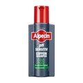 Bottle of Alpecin pH Sensitive S1 Caffeine shampoo with a red cap, primarily blue and red packaging.