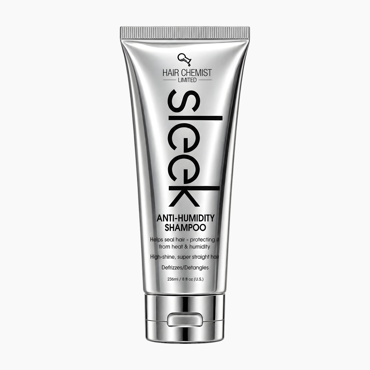 A silver squeeze tube of Hair Chemist Limited Sleek Anti-Humidity Shampoo, centered on a light gray background.