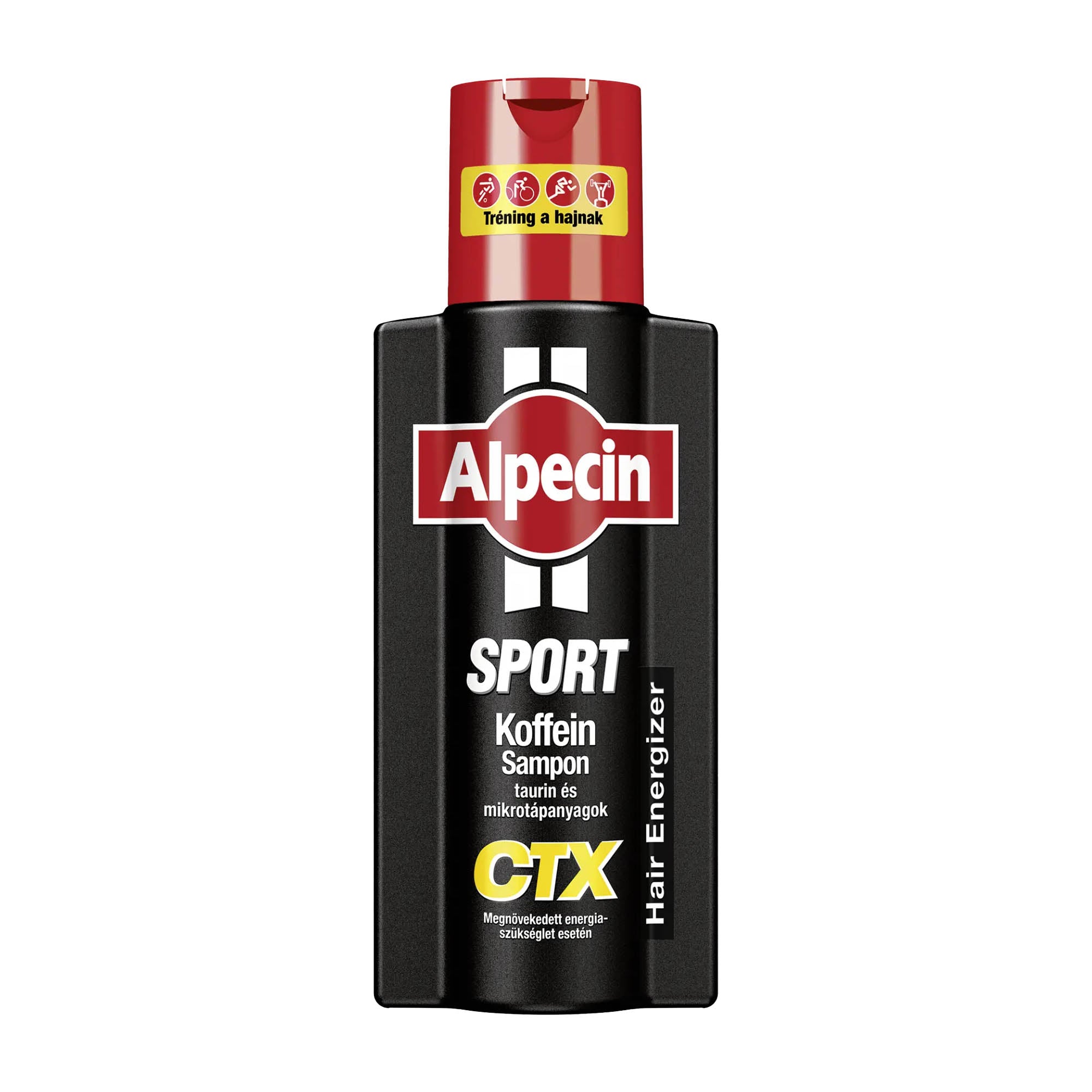 A bottle of Alpecin Caffeine Sport CTX shampoo, with a predominantly black design and red and white branding elements.