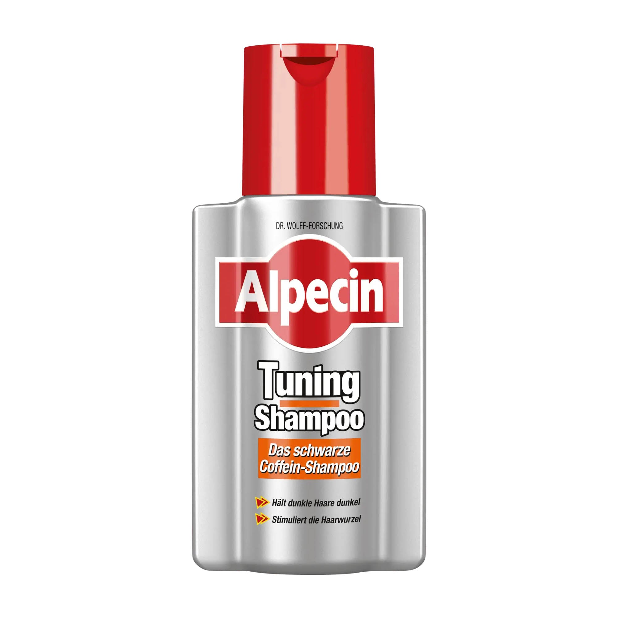 A bottle of Alpecin Tuning Shampoo with a red cap on a white background.