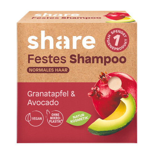 Box of 'share' solid shampoo with pomegranate and avocado on a white background