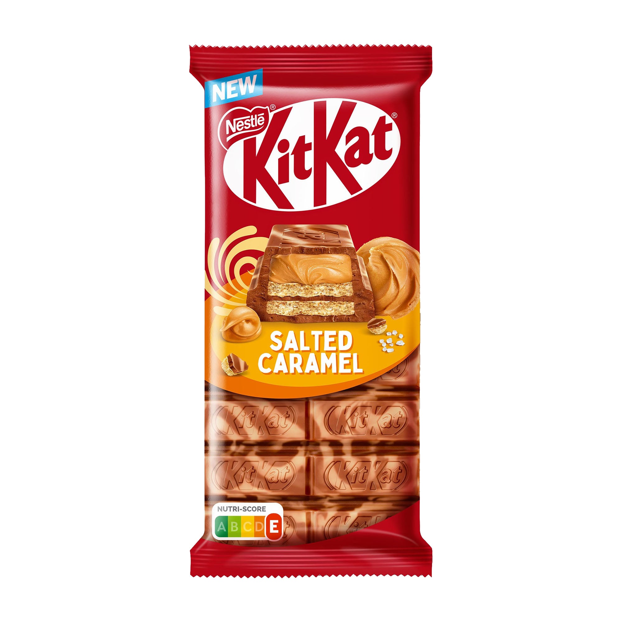 KitKat Salted Caramel chocolate bar packaging on a white background