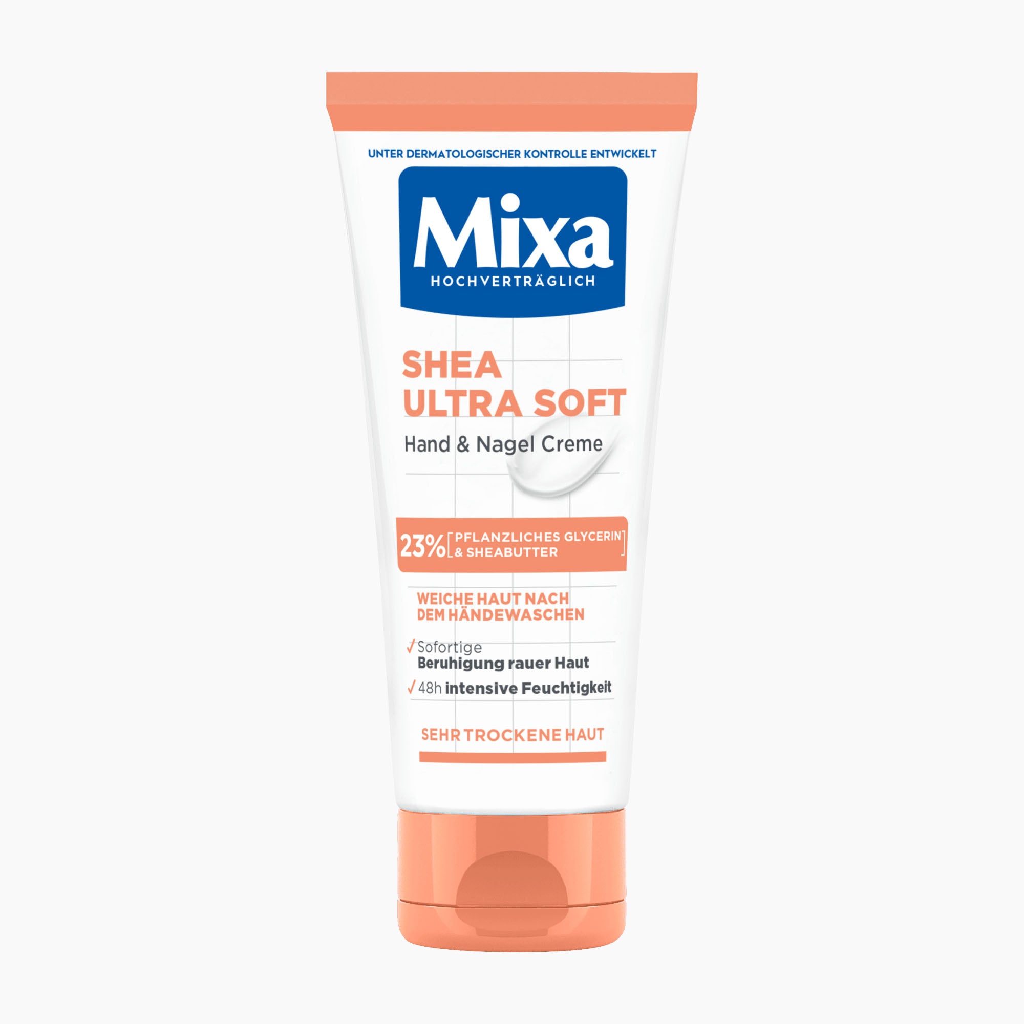 A tube of Mixa Shea Ultra Soft Hand & Nail Creme on a clean white background. The tube is white with a coral orange cap and text, and a prominent blue Mixa logo at the top.