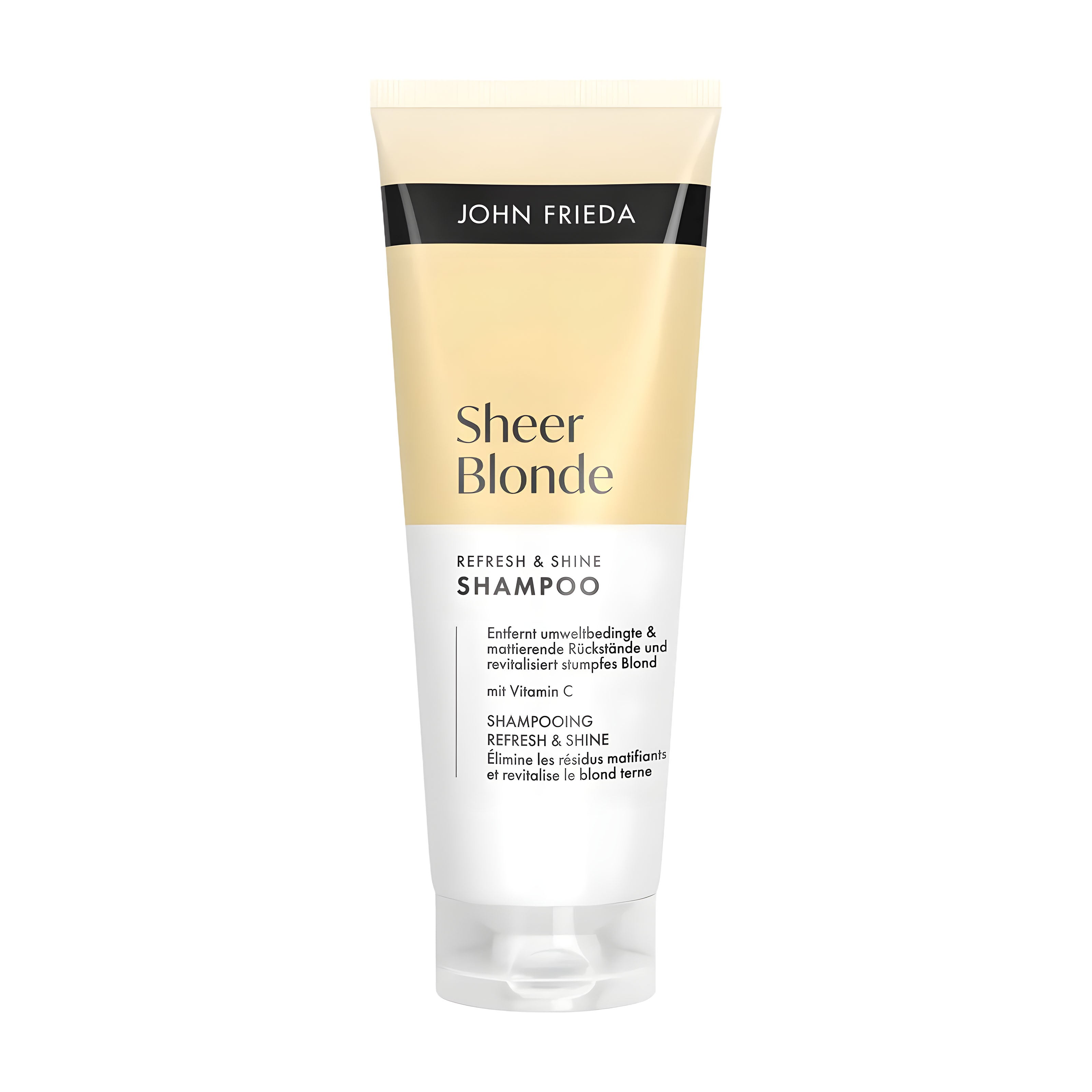 John Frieda Sheer Blonde shampoo tube on a white background