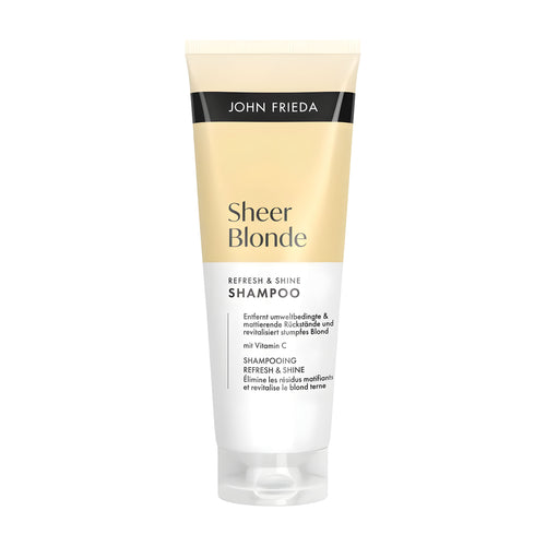 John Frieda Sheer Blonde shampoo tube on a white background