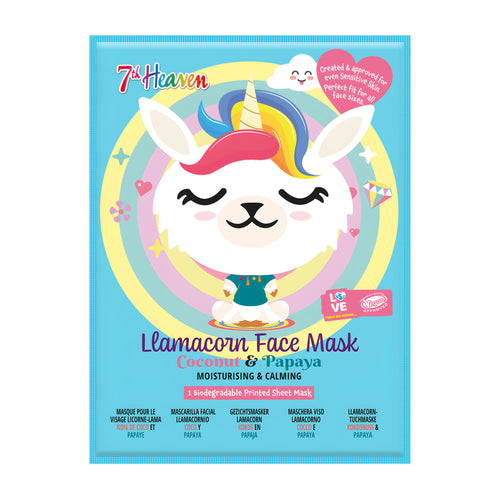 7th Heaven Llamacorn face mask packaging with colorful design on a blue background