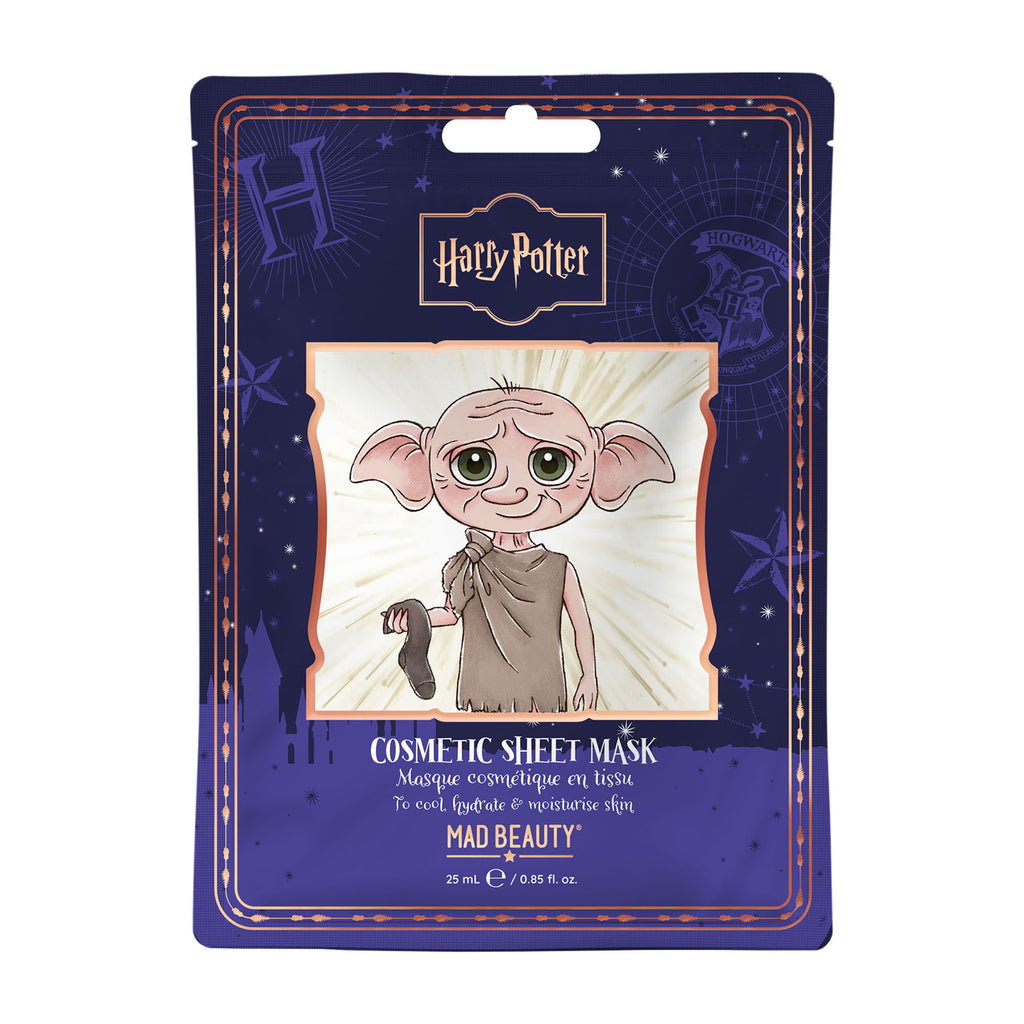 Cosmetic sheet mask packaging featuring Dobby the house-elf from Harry Potter, with Mad Beauty branding.