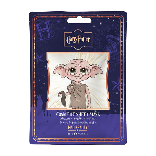 Cosmetic sheet mask packaging featuring Dobby the house-elf from Harry Potter, with Mad Beauty branding.