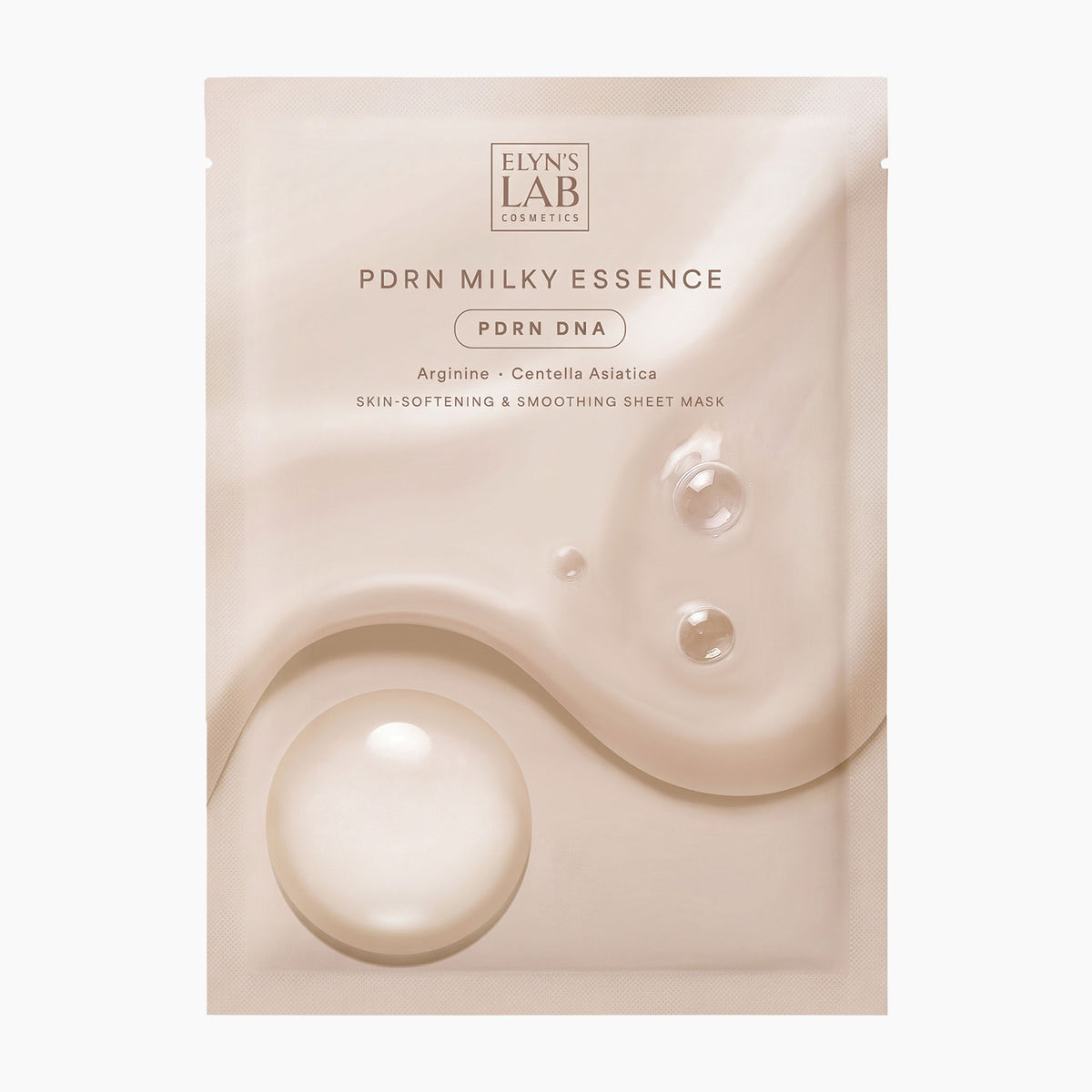 A single sheet mask packet from Elyn's Lab Cosmetics, labeled 'PDRN Milky Essence PDRN DNA'. The packaging is a warm, creamy beige with a glossy finish, featuring a graphic of a large liquid droplet and smaller water droplets on a plain white background.