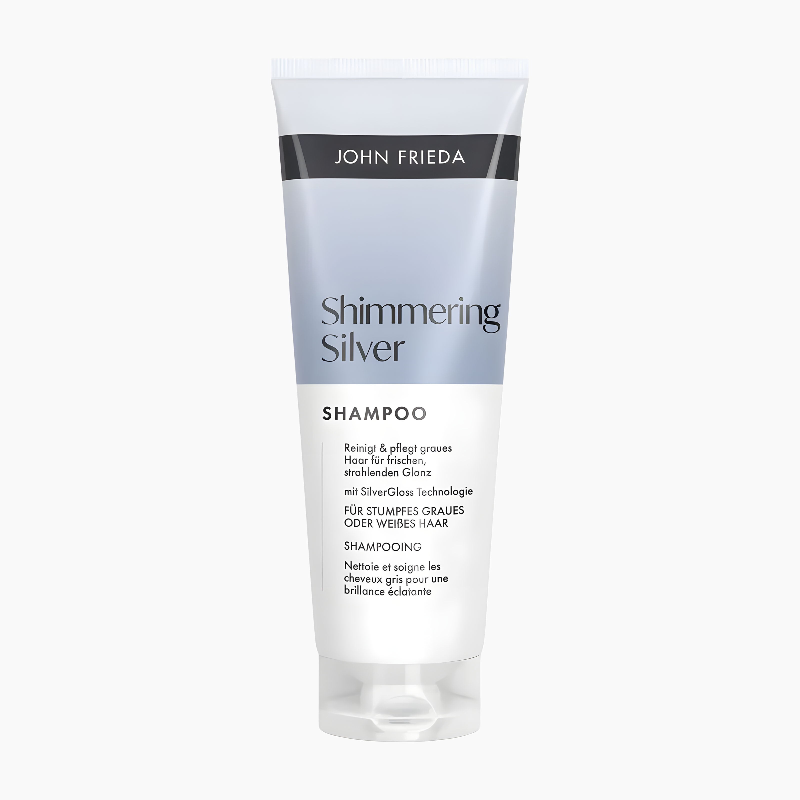 A tube of John Frieda Shimmering Silver Shampoo, featuring a white and light blue-gray design with black text, set against a plain light gray background.