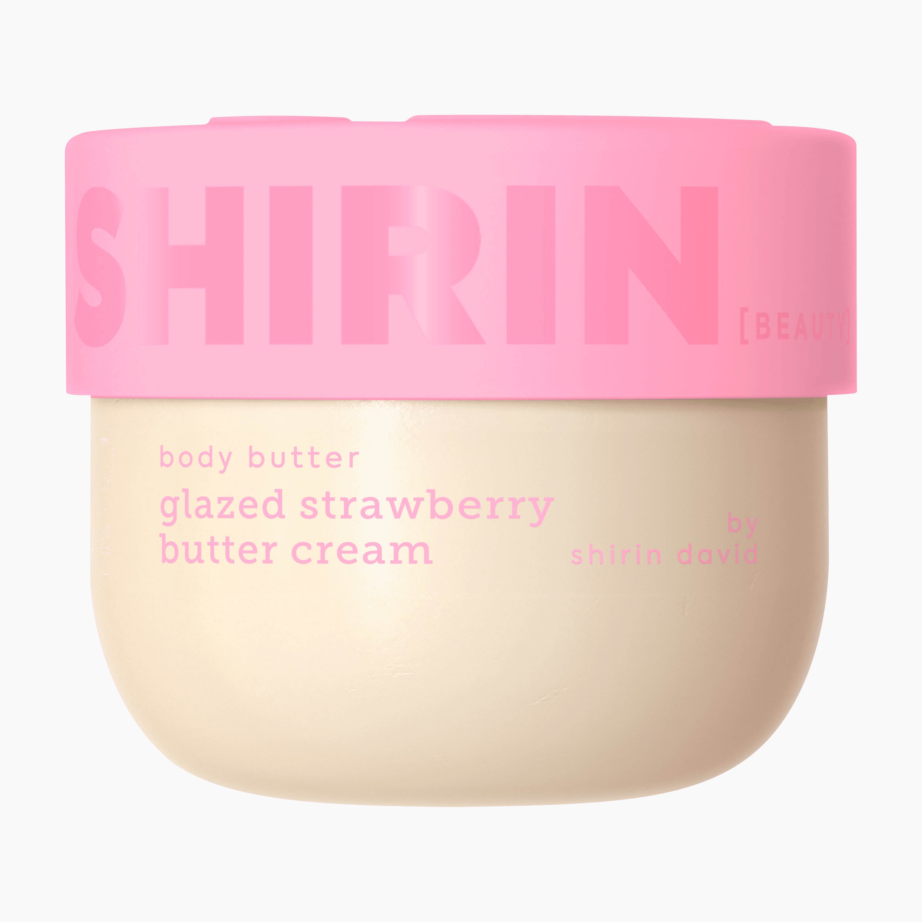 A jar of Shirin Beauty Glazed Strawberry Body Butter Cream, featuring a pale cream-colored body and a vibrant pink lid with the brand name 'SHIRIN' in pink lettering.