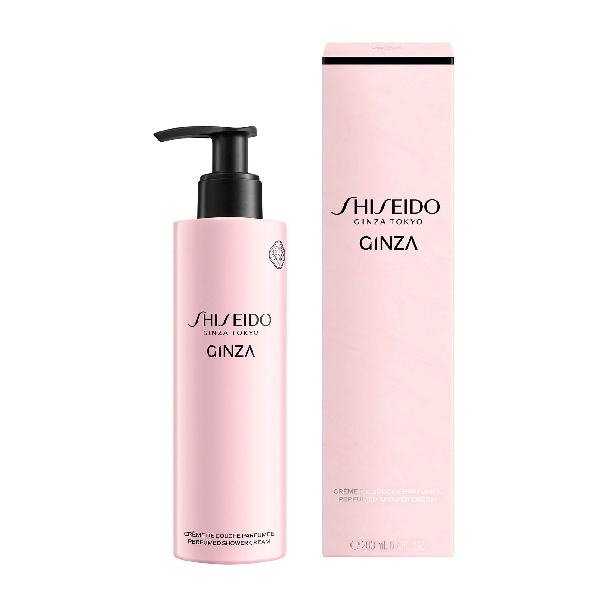 Shiseido Ginza perfumed shower cream bottle and packaging on a white background