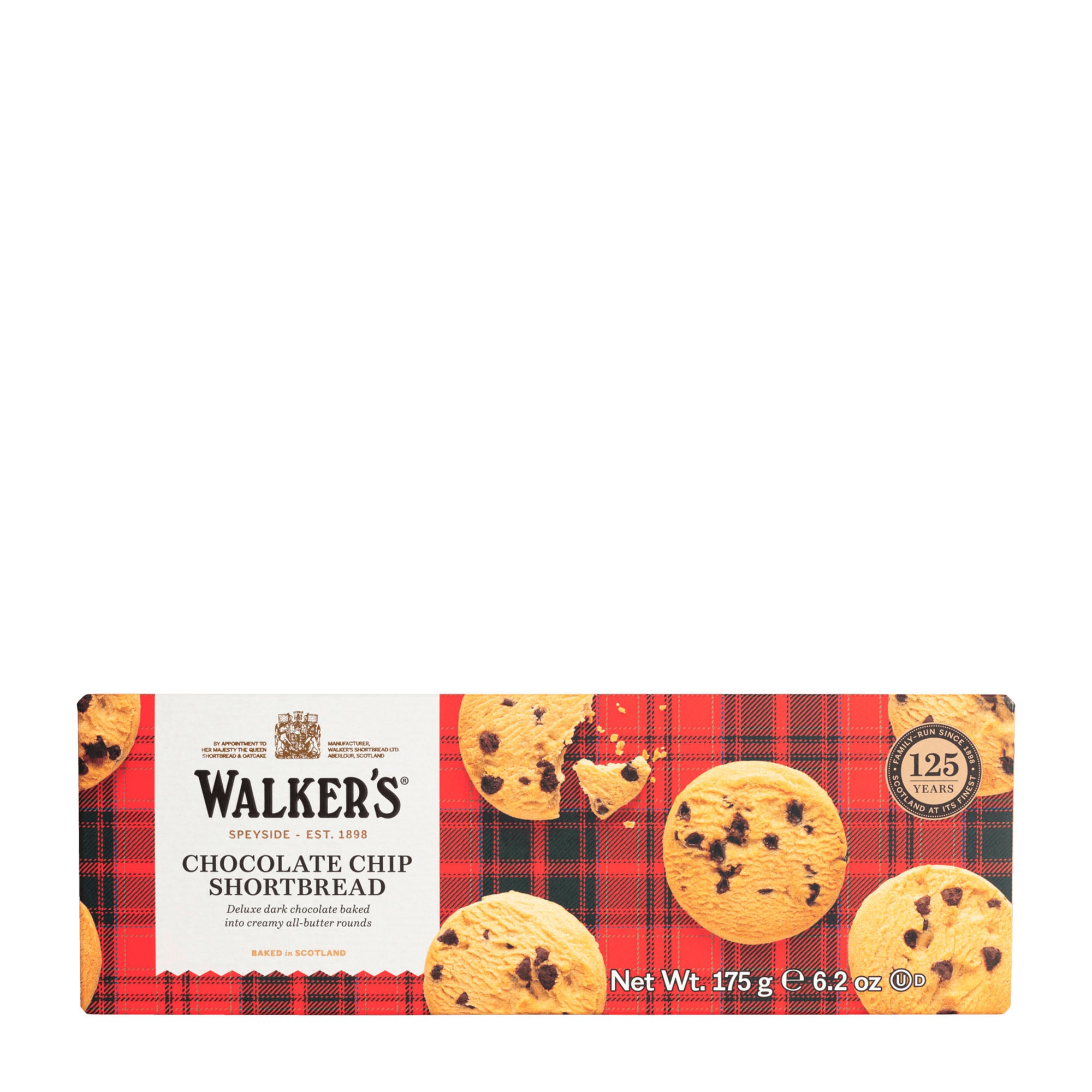 A package of Walkers Chocolate Chip Shortbread featuring an image of the shortbread cookies with chocolate chips on a background with a red and black plaid pattern.