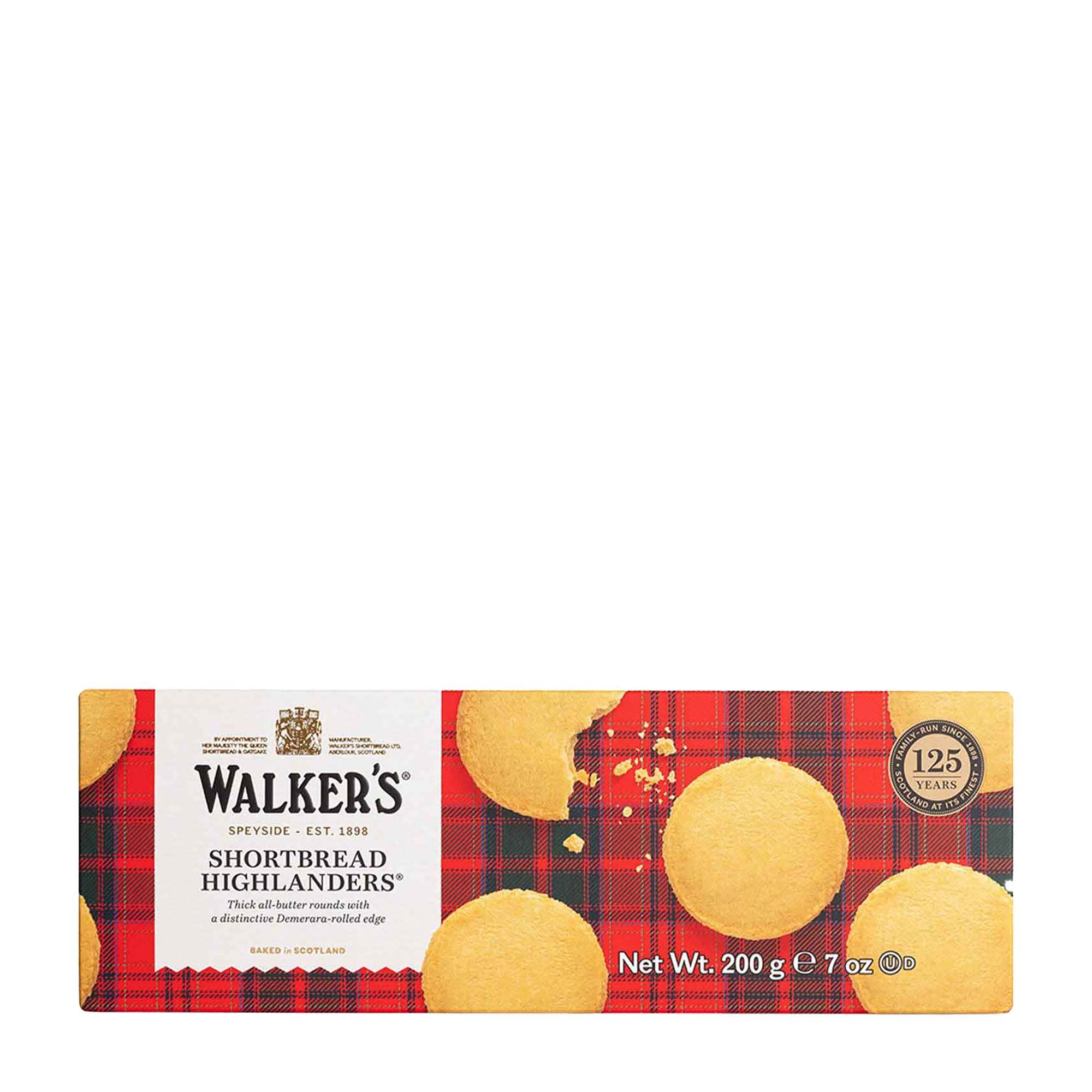 A package of Walkers Shortbread Highlanders, 200g, with the cookies visible on the front and a tartan pattern in the background.