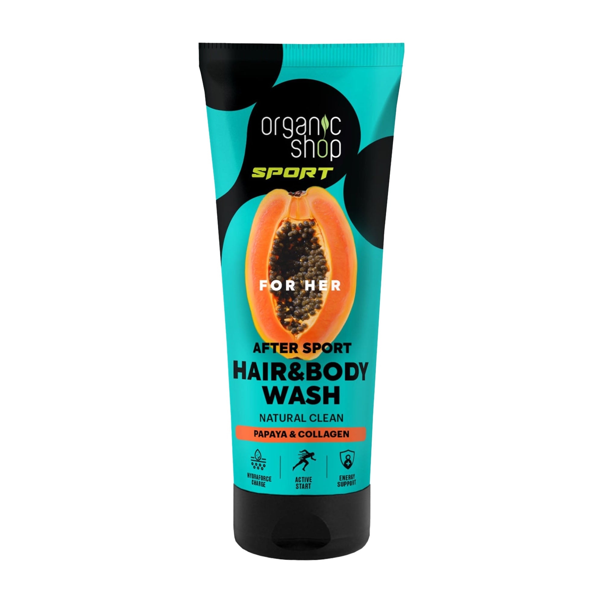 Tube of Organic Shop Sport After Sport Hair & Body Wash for her with papaya and collagen on a white background
