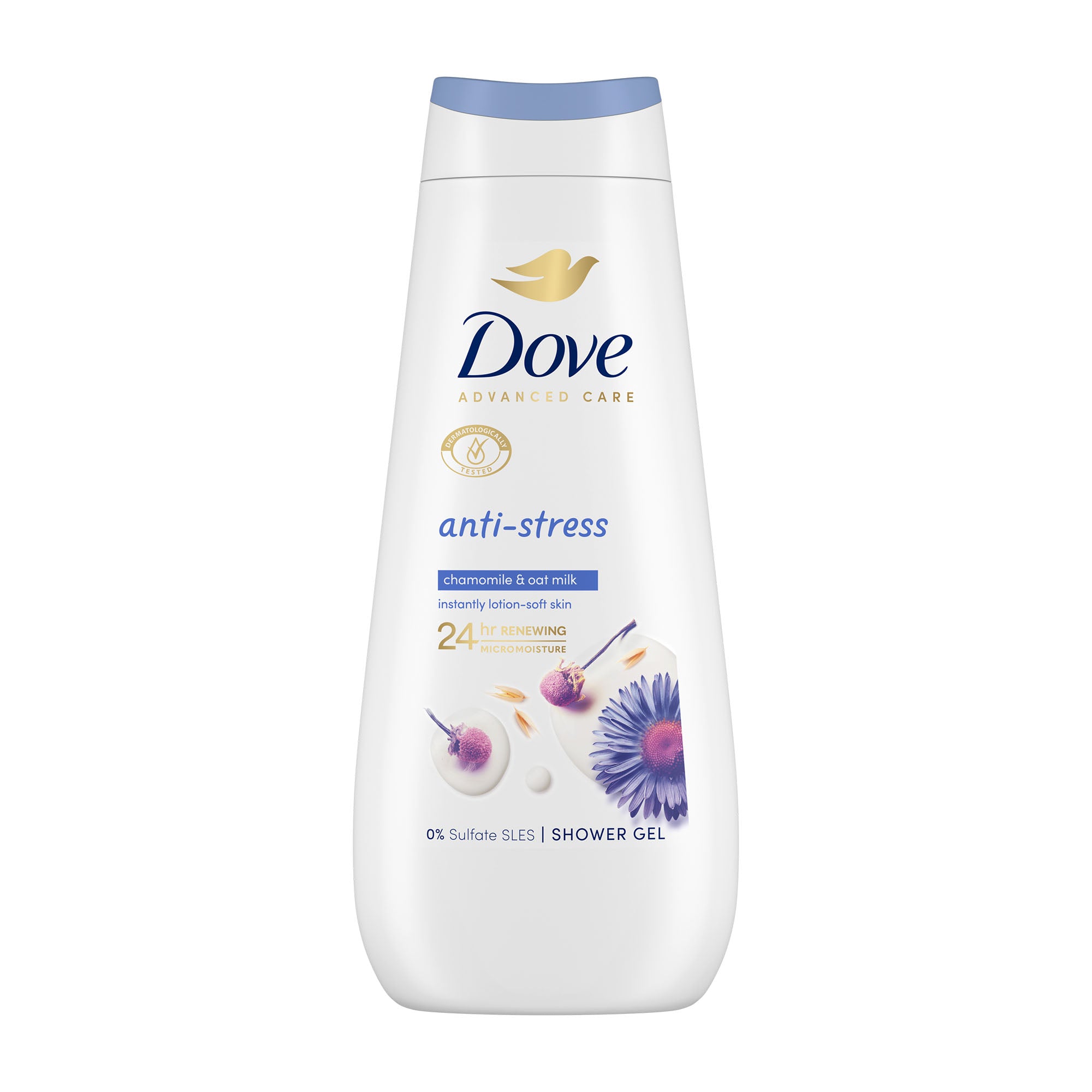 Dove anti-stress shower gel bottle on a white background